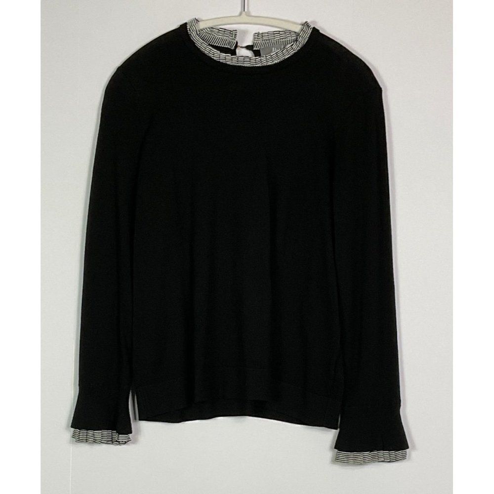 Marled Reunited Clothing Black Sweater with pinstripe collar and cuffs, Large